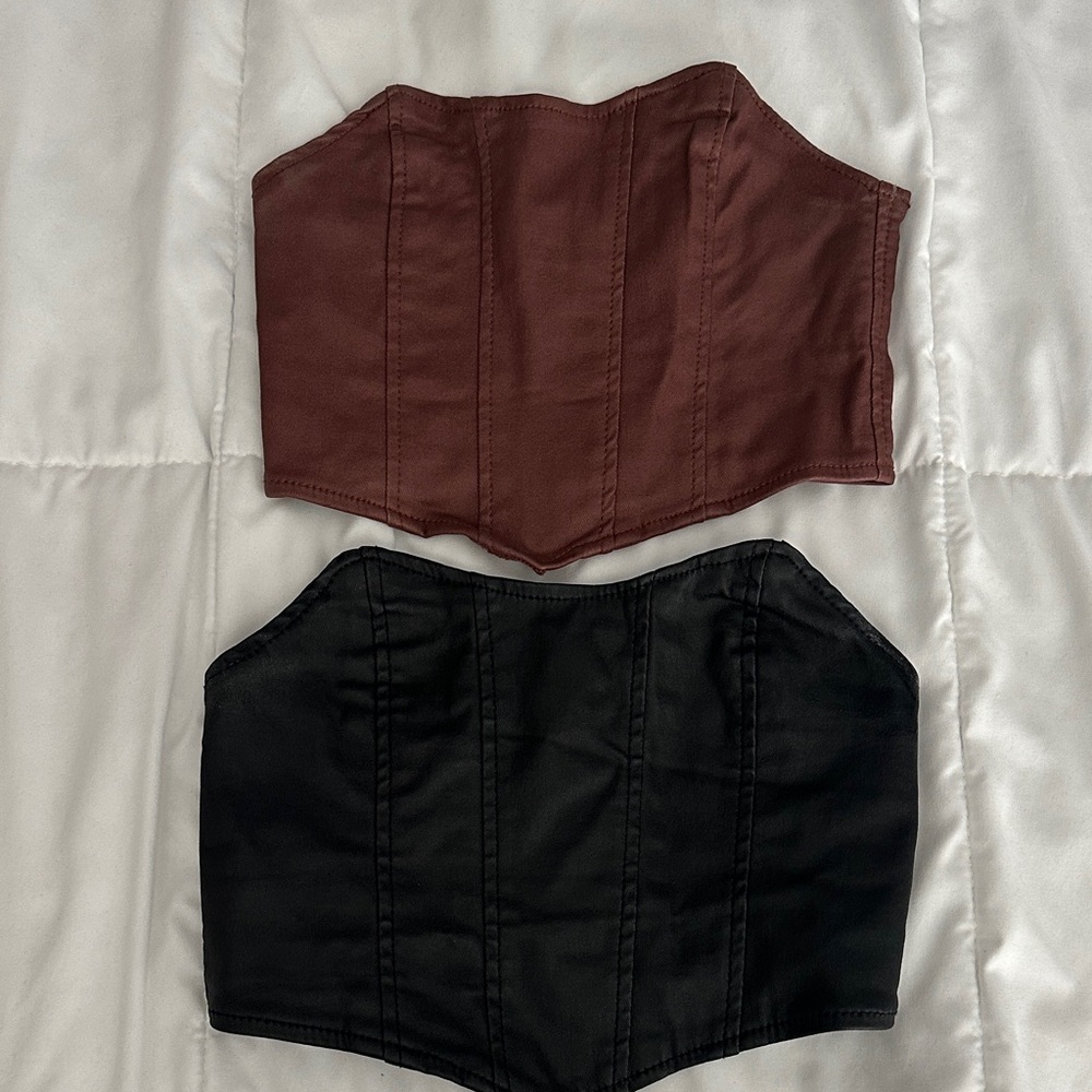 Edikted Brown and Black Crop Tops. Faux leather